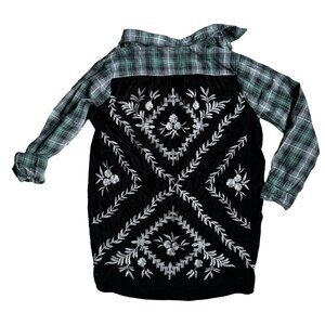 Democracy Plaid Button‎ Up Shirt Womens Size Small Embroidered Black Velvet Back